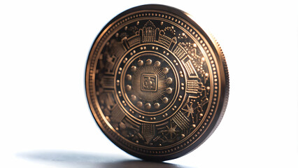 Futuristic Flat Macro Shot of Bhai Dooj Coin: Glowing Inscriptions & Intricate Textures in Simple Vector Illustration