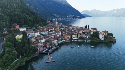 Morning aerial view of the town of Varenna in Lake Como Italy