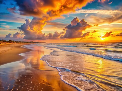 Serene St. Augustine Beach in Florida with Soft Waves, Golden Sands, and Vibrant Sunset Skies