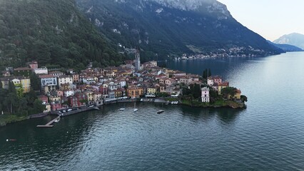 Morning aerial view of the town of Varenna in Lake Como Italy