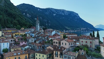 Morning aerial view of the town of Varenna in Lake Como Italy
