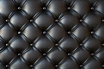 Close-up of a black leather upholstery with a diamond-shaped tufted pattern.