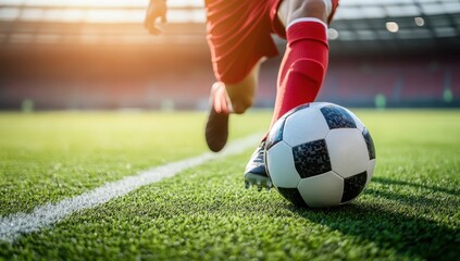 Fototapeta premium A soccer player in red socks and shorts prepares to kick the ball on a green field. The sun shines brightly behind the player.