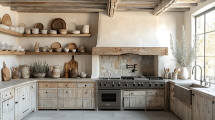 Rustic kitchen with wooden shelves and natural decor.