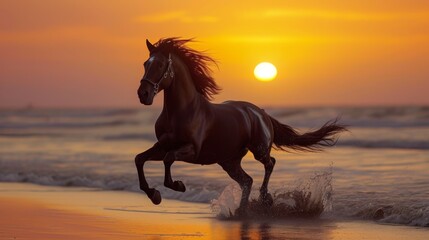 A majestic black horse gallops freely along a sandy beach at sunset, its mane flowing in the breeze. The orange sky and golden sunlight reflecting off the water enhance the sense of freedom and