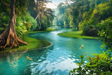 Obraz premium Lush Green Forest with Flowing River and Dragonflies, Tranquil Outdoor Beauty.