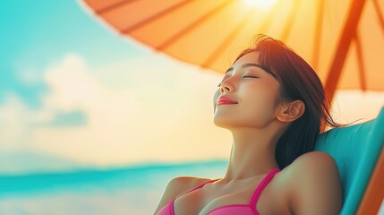Relaxing Woman Under Sunshade at the Beach