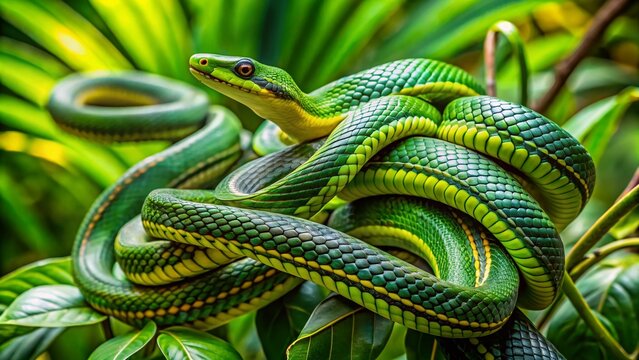 Serpentine Culebras Coiling Gracefully Among Lush Green Foliage in a Tropical Environment