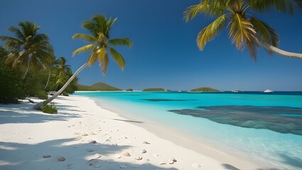 Tranquil Tropical Paradise, White Sand, Palm Trees, and Idyllic Islands.