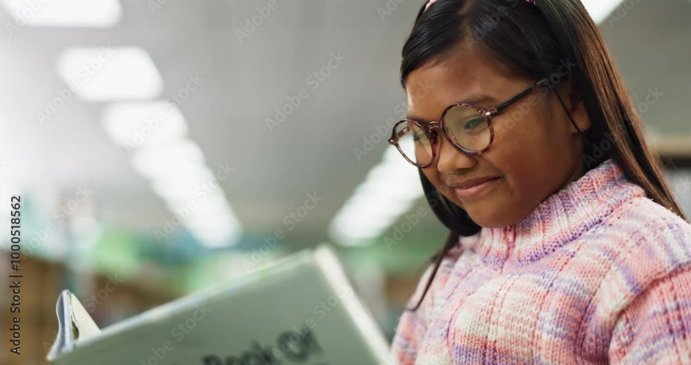 Poster child, reading and happy with school library book with learning and youth development with literatur