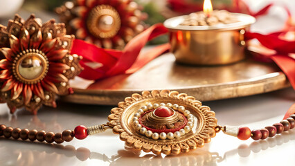 Fototapeta premium Floating Tika and Rakhi Concept for Bhai Dooj: Softly Glowing Tika and Flowing Rakhi Ribbon Suspended in Air Against White Background