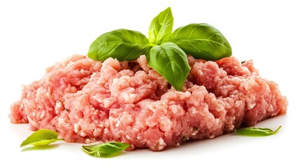 Ground meat with fresh basil leaves on top isolated on white background.