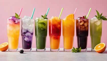 A refreshing cocktail with lime on a white background surrounded by vibrant fruits and vegetables, highlighting a mix of red and green ingredients in a healthy, cold beverage