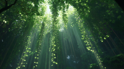 Fototapeta premium A dense, hyper-realistic forest canopy where massive, glowing plants hang down from the trees, casting realistic shadows onto the forest floor, with beams of light breaking through the dense leaves
