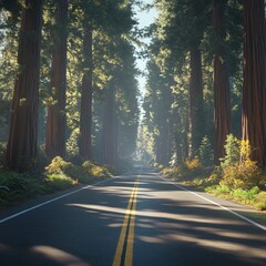 Obraz premium Highway winds through a redwood forest, with giant trees towering over the road, captured in 8K resolution. The scene is rendered with ultra-realistic detail and perfect focus.