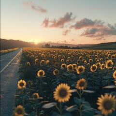 Fototapeta premium Highway winds through a sunflower field, with the flowers glowing in the sunset. The scene is captured in 8K resolution with ultra-realistic detail and perfect focus.