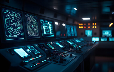 Obraz premium Futuristic Control Room with Multiple Screens and Data Interfaces design
