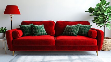 Cozy red sofa with cushions in a stylish living room.