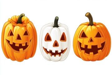 Trio of carved pumpkins with glowing jack o lantern faces capturing the traditional spooky and festive spirit of Halloween