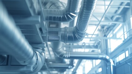 A detailed view of air ducts and ventilation pipes in a well-lit industrial environment. The modern and clean infrastructure reflects effective climate control systems in large facilities.