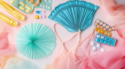 Colorful Flat Lay of Accessories and Pills