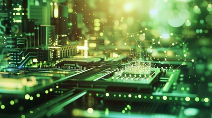 Fototapeta premium A futuristic depiction of a green circuit board illuminated by glowing lights and network connections. The image highlights the complexity of modern technology with a focus on circuits, chips, and