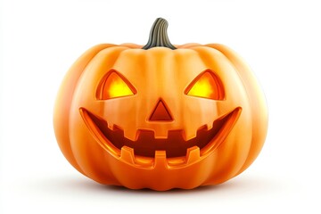 Fototapeta premium Brightly lit jack o lantern with glowing eyes and a wide grin set against a pale background ideal for enhancing spooky and playful Halloween themed designs