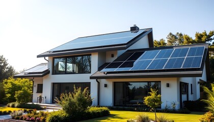 Obraz premium Modern Two-Story Home with Solar Panels and Green Landscaping