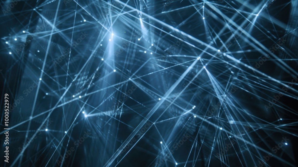 Poster multiple laser beams crossing paths, forming a dynamic and complex web of light on a dark background