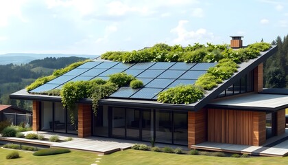 Obraz premium Modern Home with Solar Panels on Roof and Green Roof Design