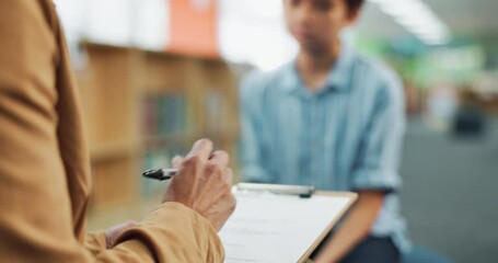 Therapy, clipboard and school counselor with student for adhd test with psychology chart at academy. Consultation, help and educational therapist with child for learning challenge, autism or dyslexia