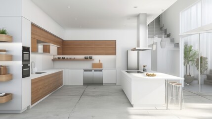 Sleek modern kitchen with white countertops, stainless steel appliances, and clean, minimalist design