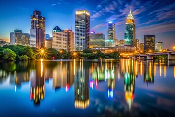 Stunning Austin Skyline at Night Showcasing Urban Lights and Reflections on the Water Surface
