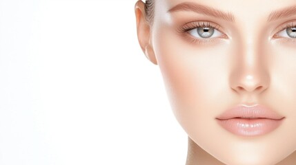 Fototapeta premium Beautiful woman with glowing skin, flawless and smooth, close-up portrait, isolated on white, beauty shot, clear complexion