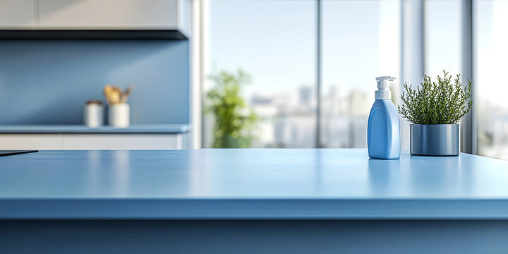 Kitchen Setting with an Empty Blue Countertop Against a Softly Blurred Modern Interior &ndash; Ideal Tabletop for Product Presentation and Display