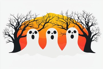 Obraz premium Halloween scene featuring three cute ghosts standing under bare trees with a bright orange sunset in the background perfect for spooky children’s illustrations or festive designs