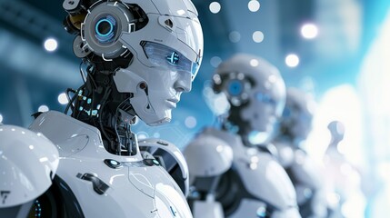 Fototapeta premium A close-up of a humanoid robot's face and upper body, showcasing intricate design details and glowing blue features, in a clean, high-tech industrial environment, reflecting advanced AI and robotic
