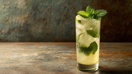 Top View of a Mojito Mocktail with Mint Leaves and Lime in a Glass on a Rustic Table