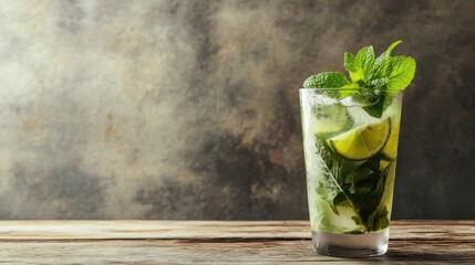 Top View of a Mojito Mocktail with Mint Leaves and Lime in a Glass on a Rustic Table