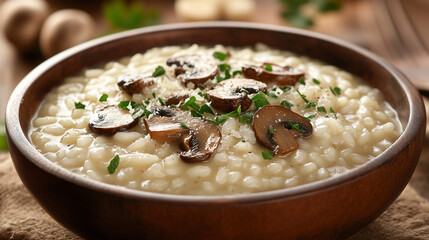Savor the rich flavors of risotto with saut&eacute;ed mushrooms, topped with parmesan cheese and fresh parsley, set in an inviting rustic Italian ambiance