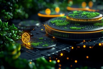 3D-rendered dark web marketplace, with detailed, floating layers of encryption and anonymous profiles trading goods in a virtual space