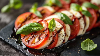 Experience the perfect combination of flavors in a Caprese salad with sliced tomatoes, fresh mozzarella, balsamic glaze, and a sprinkle of olive oil and basil