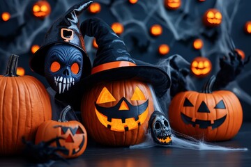 A Halloween-themed photo booth, with props like witch hats, vampire fangs, and creepy masks, set against a backdrop of glowing pumpkins and fake cobwebs