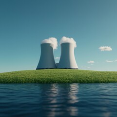 Cooling Towers on a Clear Day by the Water