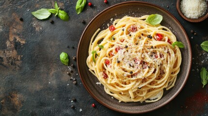 Top View of Spaghetti Carbonara Topped with Parmesan Cheese and Black Pepper on a Rustic Plate