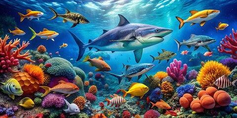 Fototapeta premium Stunning Collection of Ocean Creatures Showcasing Marine Life Diversity and Underwater Beauty