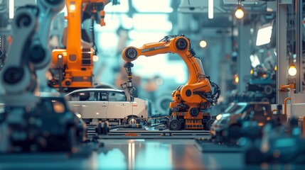 A scene from a car manufacturing plant where robotic arms precisely assemble vehicles. The automated production line represents the future of the automotive industry, showcasing high-tech machinery