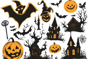 Halloween silhouette illustration with bats pumpkins witches and spooky creatures blending playful and eerie elements in a bold black and orange vector design for a festive holiday look