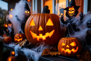 Obraz premium A haunted house porch, decorated with fog machines, glowing jack-o-lanterns, fake cobwebs, and eerie Halloween figures