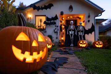 A house glowing with Halloween decorations, with jack-o-lanterns lighting up the walkway, bats hanging from the roof, and skeletons guarding the door